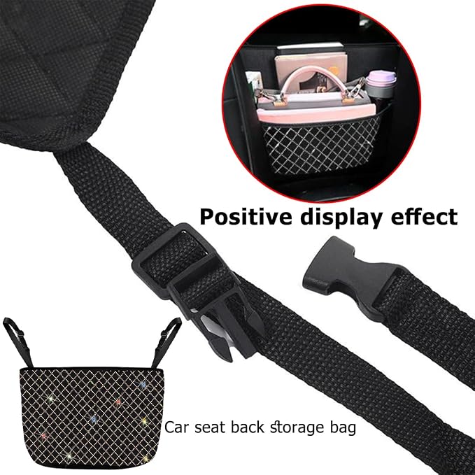 zipelo Bling Car Net Pocket Handbag Holder, Rhinestone Vehicle Backseat Purse Organizer Between Seats, Diamond Hanging Storage Bag Barrier of Pet Kids, Universal Automotive Accessories (Multicolor)