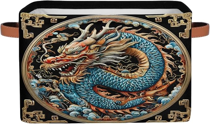 Pardick Dragon Basket Storage Bins Rectangle Canvas Basket Cube Storage Box | Nursery Foldable Basket with Handle for Kids Girls Boys Toys Living Room Closet Organizer Shelf Gifts Blue Gold
