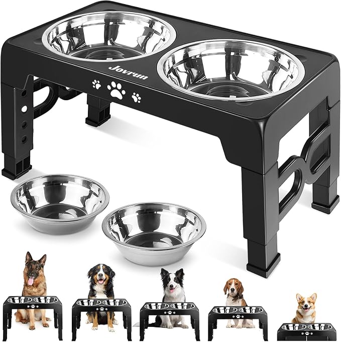 Jovrun Elevated Dog Bowls for Medium Large Size Dogs, Non-Slip Dog Feeder with 2 Stainless Steel Dishes, 5 Heights Adjustable Raised Bowls to 3.15″-8.66″-9.84″-11.02″-12.2″