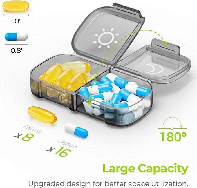 AUVON XL Weekly Pill Organizer 2 Times a Day, Pill Box 7 Day with One-Side Large Openings for Easy to Use, Gray AM PM Pill Case for Medication, Vitamins, Fish Oils, Supplements | AM PM Pill Case, XL Pill Box 7 Day, Travel Medication Organizer for Medic...