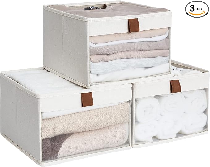 StorageWorks Fabric Storage Bins, Closet Organizer Bins, Beige, 3-Pack | Mesh Front Window, Soft Leather Handles, Collapsible, Flip to Show/Hide, Storage Baskets for Closet, Shelf, Bedroom, Bathroom