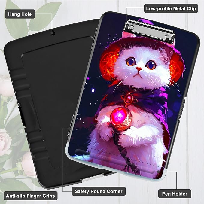 Purple White Cat A4 Clipboard with Storage Pen Holder, Clipboards Organizer Nursing Clipboard Foldable File Folder Plastic Clipboard Folio Clip Board for Office Students Classroom Doctor