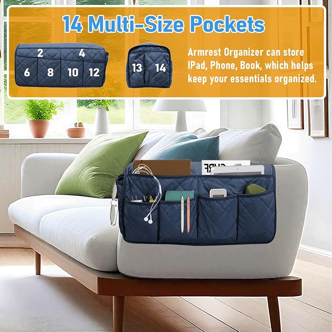 Armchair Caddy, Remote Control Holder for Recliners, Sofa Armrest Organizer, Non Slip Recliner Organizer, Couch Caddy with 14 Pockets Storage for TV Remote, Phone, Magazine (Blue)