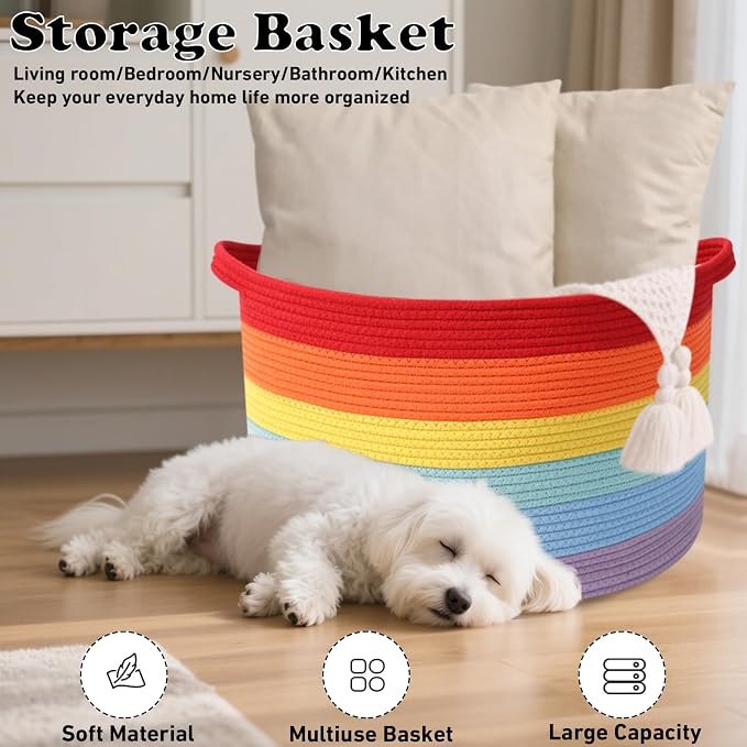 90L Large Blanket Basket,Rope Woven Laundry Basket-Rainbow | Collapsible, reinforced handles, nursery storage bin organizes clothes, toys and pillows for living room, bedroom bathroom