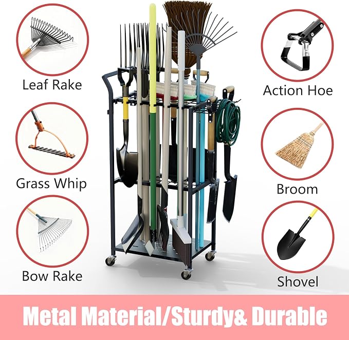 Faesun Garden Tool Organizer with Wheels, Rolling Yard Tool Rack with 14 Hooks & 5 Slots, 3-Tier Metal Cart Holds 50+ Rakes/Shovels/Brooms, Mobile Lawn Storage for Garage Shed Outdoor