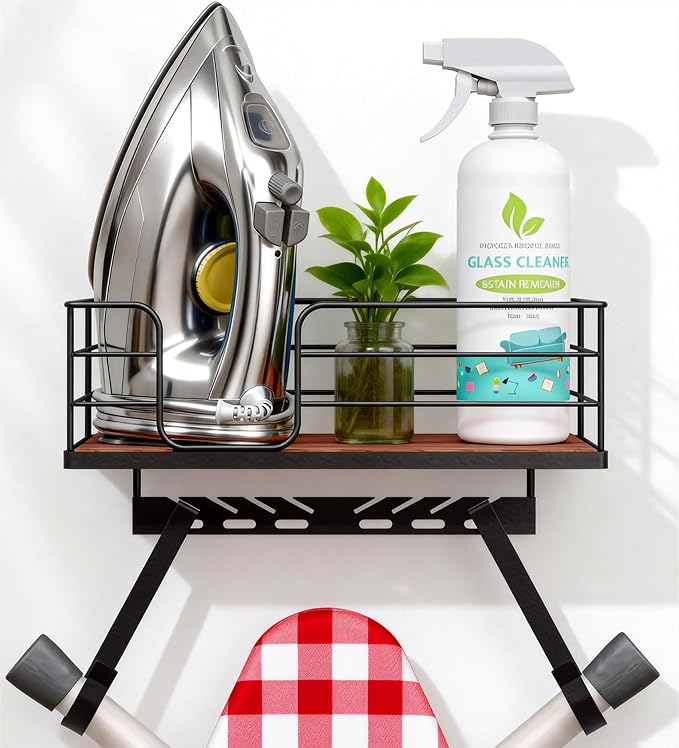 THYGIFTREE Ironing Board Hanger Wall Mount Adjustable Hooks Fits T & Y Shaped Boards, Iron Holder Metal Frame with Wood Shelf for Laundry Room Organization, Holds Iron, Steamer & Accessories