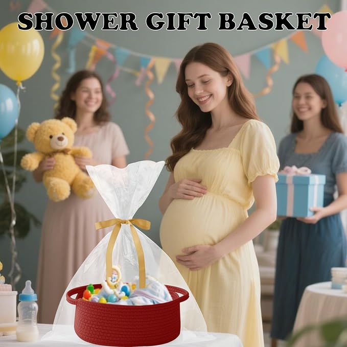 Red Woven Rope Basket - Baby Gift Basket with Bag & Ribbon | Cotton rope with handle, 12x8x5 in, gift bag and ribbon, for baby shower, birthday, toy storage, nursery, shelf decor