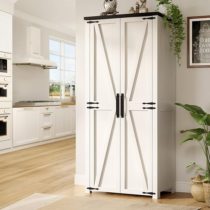Furnaza Farmhouse 72" H Kitchen Pantry Cabinet with Adjustable Shelves | LED Craft Storage Cabinet Cabinet with 2 Barn Doors for Craft Room,Dining Room,Living Room,Home Office,16"D x 30"W