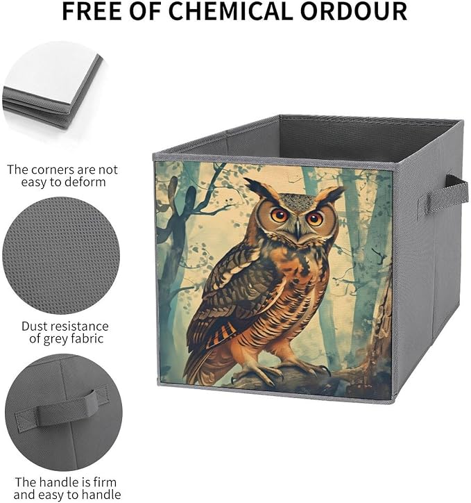 An Owl, A Quiet Forest Foldable Storage Bins, 10.6" Cube Storage Organizer, Sturdy Oxford Cloth Fabric Baskets for Closet, Shelf, Nursery, Bedroom, Decorative Printed Box for Toys & Clothes