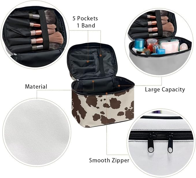 Brown Cow Print Makeup Bag for Women Lightweight Travel Makeup Bag With Handle Womens Cosmetic Makeup Organizer Vanity Case for Holiday Trip