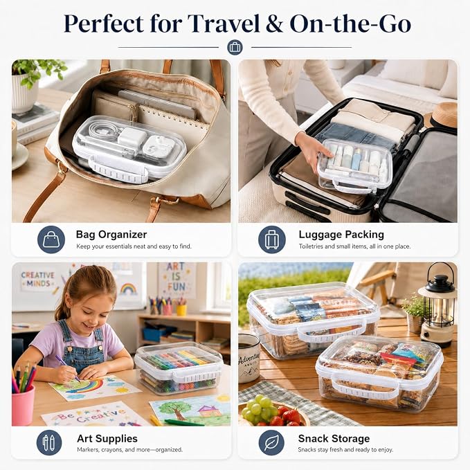 Clear Hard Shell Zipper Case 3PCS Set, 1.2mm PET Travel Organizer | Deep waterproof stackable storage pouches with handle. Heavy duty clear zipper bags for travel, makeup, toys and snacks