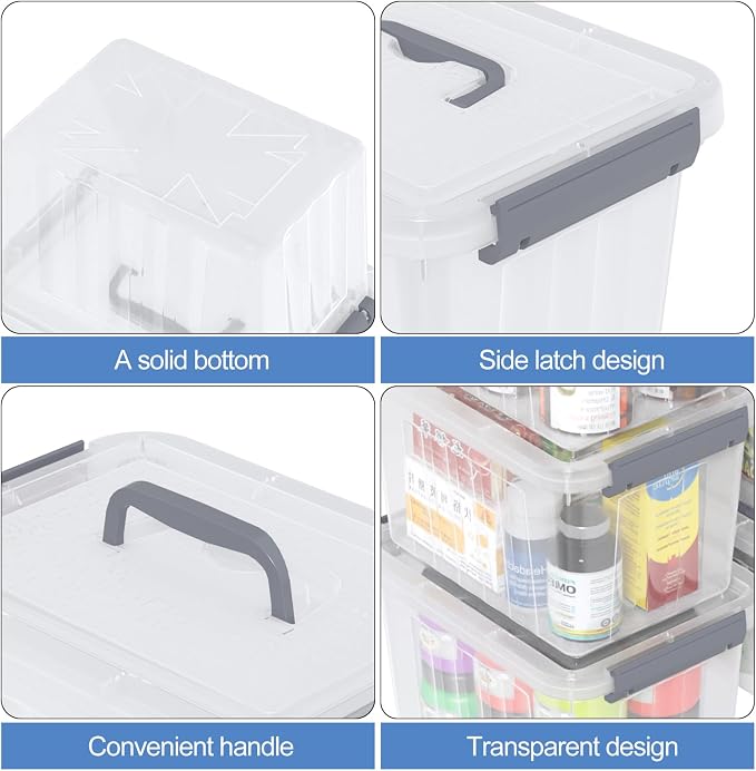 6 Quart Small Latching Bin with Lid, Plastic Storage Box, 6-Pack | Clear Plastic Tote Containers with Handle