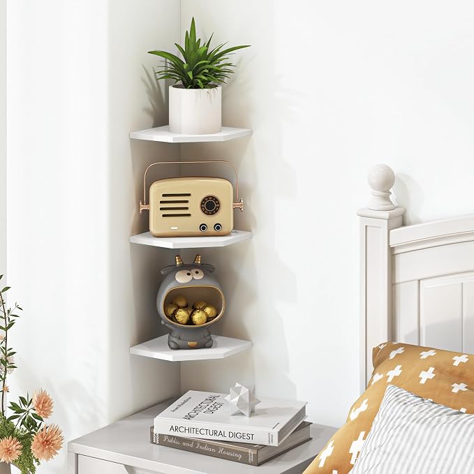 Fun Memories Corner Shelf Wall Mount, Floating Corner Shelves, Set of 3 Corner Wall Shelf Organizer, Rustic Wood Wall Storage Display Shelves for Living Room Bedroom Bathroom Kitchen, Rustic White