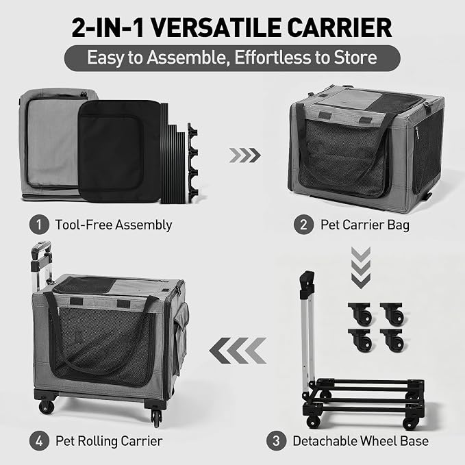 Rolling Cat Carrier with Wheels, 16.5 x 13 x 11.8 in, Light Gray | Expandable, foldable soft-sided carrier with detachable wheels and telescopic handle for cats and small dogs