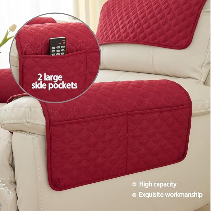 Armrest Covers Armchair Slipcover, Couch Arm Covers Recliner Covers with Storage Pockets Armrest Protector for Chair Sofa(Red,3 Seat | 5 Piece Set)