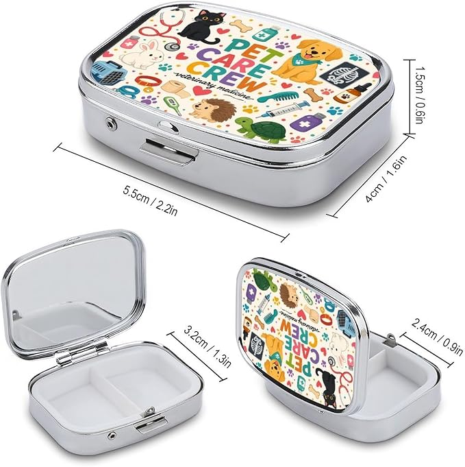 Cute Pet Care Essentials Poster Two Compartment Pill Box Medicine Organizer, Portable Pill Case with Secure Snap Closure for Vitamins Medication Supplements Daily Use