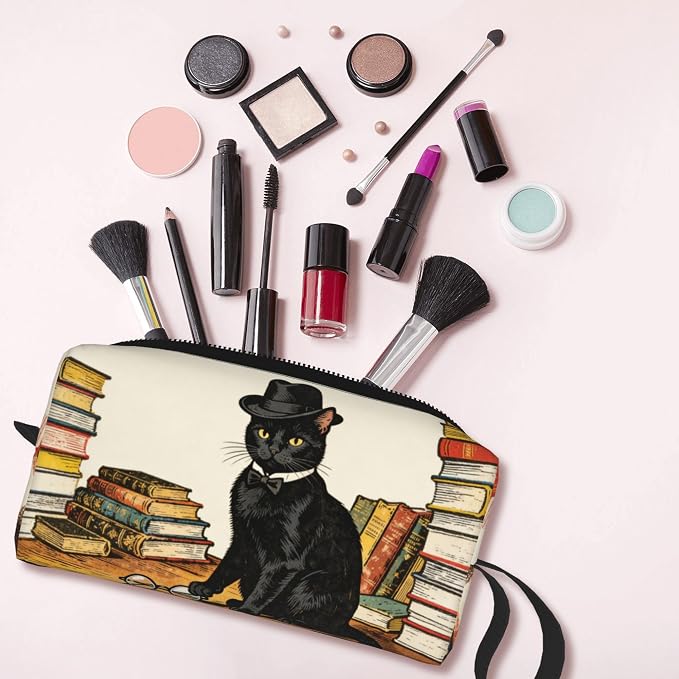 Sophisticated Black Cat Makeup Bag for Women with Wrist Strap | Durable 600D Oxford Fabric Cosmetic Organizer,Compact Travel Pouch with Handle for Gym & Daily Use