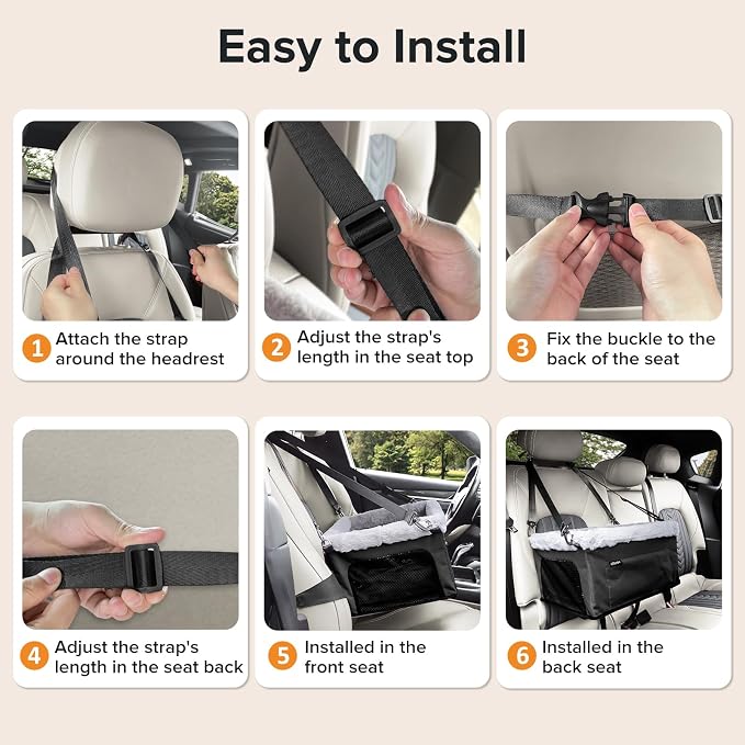 JOEJOY Deluxe Dog Booster Seat with Sturdy Metal Frame and Safety Leash for Small Pets up to 20 lbs - Portable Puppy Dog Car Seat with Thick Cushion and Storage Pockets for Small Dogs, Black