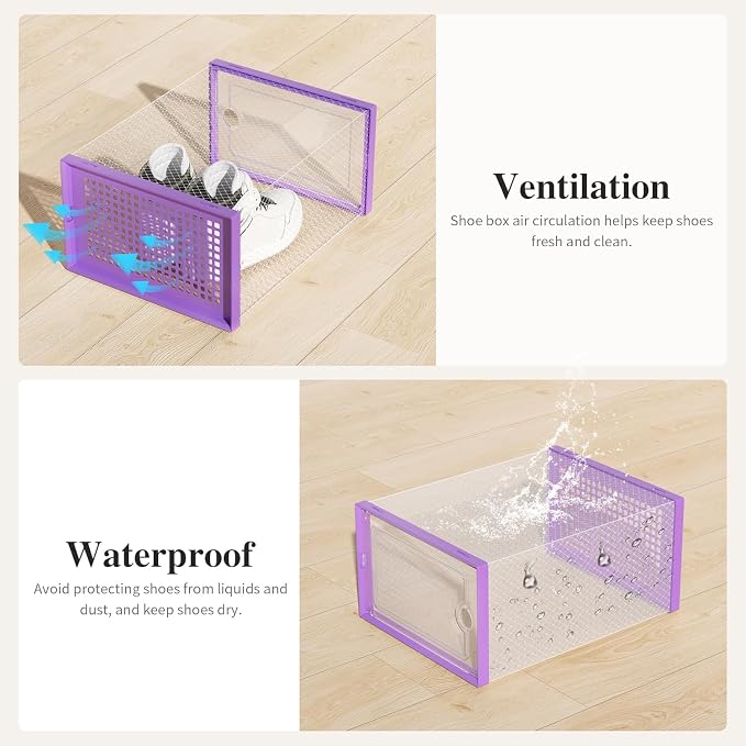 Kuject X-Large Shoe Storage Boxes 12 Pack, Clear Stackable Shoe Organizer | Shoe Case for Closet, Entryway & Under-Bed Storage, Drop-Front Design, Space-Saving Solution for Family Organization,Purple