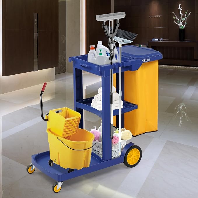 TUFFIOM Commercial Traditional Cleaning 3-Shelf Janitorial Cart, 500 Lbs Capacity Housekeeping Cart, Wheeled with Yellow VinylBag and Cover w Lid, Blue