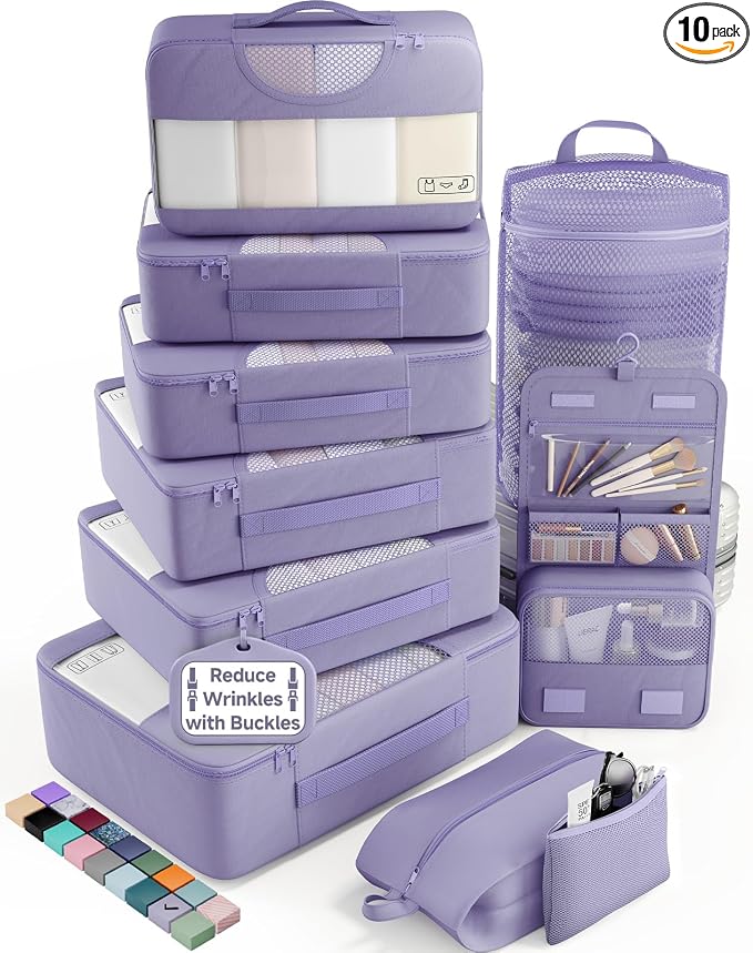Veken 10 Set Packing Cubes for Travel Essentials, Suitcase Organizer Bags in 4 Sizes, Carry-On Luggage Accessories with Laundry Bag, Airplane Must Have with 99-Count Mesh Holes