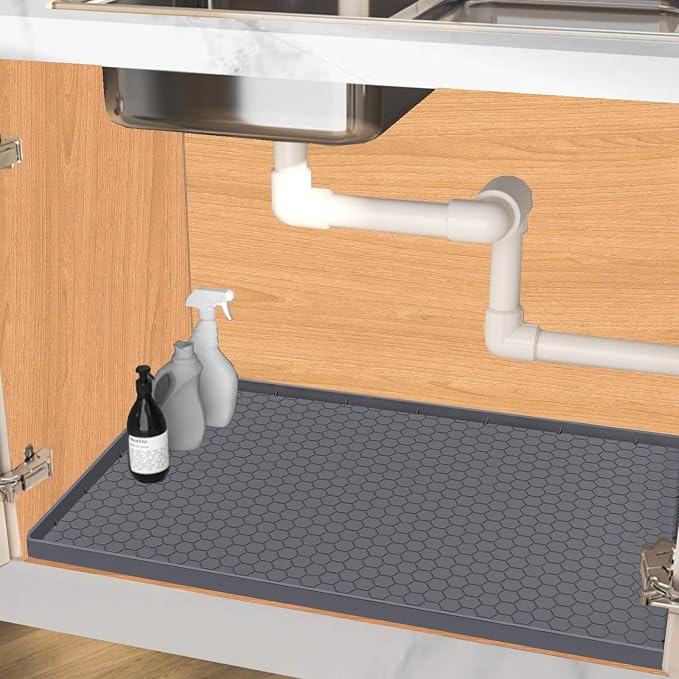 Under Sink Mat 37 x 22 for Kitchen Waterproof, Silicone Under Kitchen Bathroom Sink Liner Mat, Easy to Clean Cabinet Mat Organizers and Storage, Grey