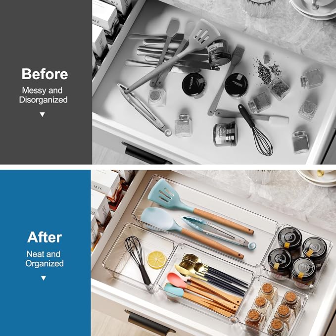 9 PCS Clear Plastic Drawer Organizer Sets, 3 Sizes Vanity Organizer Trays Stackable Storage Bins for Kitchen, Cabinet, Bathroom, Office, Laundry Room Organizing