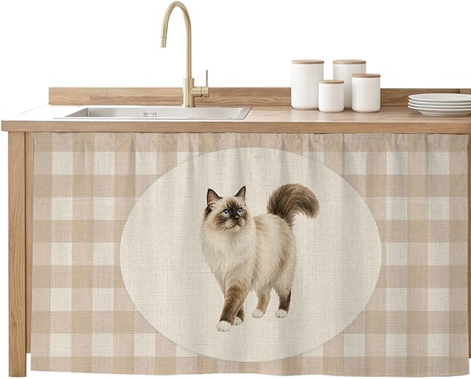 Ragdoll Cat Sink Skirt for Bathroom, Self-Adhesive Under Sink Curtain, Vintage Linen Plaid Farmhouse Pet Cats Hide Pipes & Storage Fabric Cabinet Skirt Cover for Kitchen Laundry 32"x55"