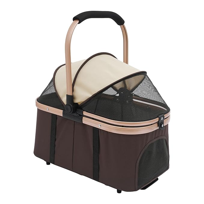 Pet Stroller, Portable Double Pet Stroller Cart with 4 Wheels, Heavy Duty Foldable Dog Cat Supplies, Multifunctional Carrying Storage Cat for Traveling with Pets, Shopping (Coffee Color)