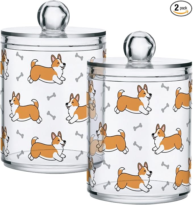 DOMIKING 2 Pack Plastic Cotton Swab Ball Pad Holder Cute Pets Dogs White Print Jars Bathroom Storage Organizer Vanity Canister Jar with Lid for Cotton Rounds Floss Picks Bath Salts