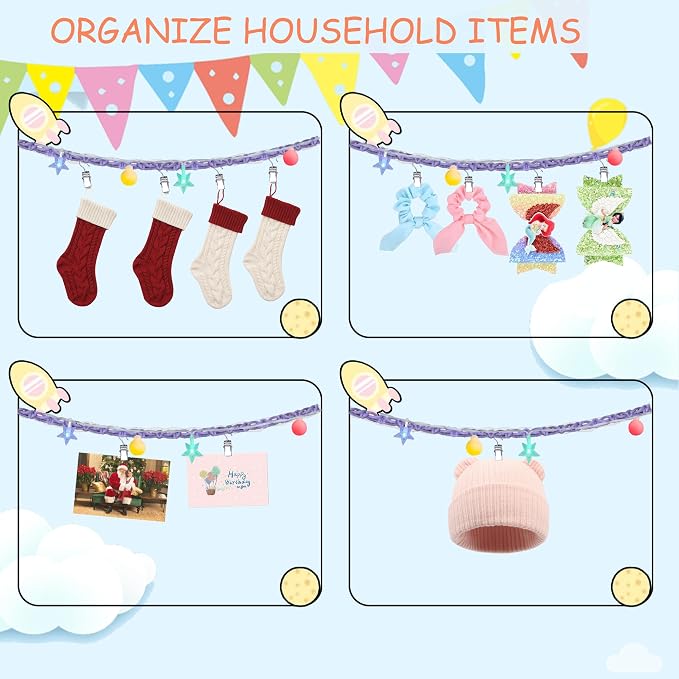 2PCS Stuffed Animals Storage Chain Organizers 80" Cotton Hanging Storage Chain with 2x 10 Led Light 40 Metal Clips Stuffed Animal Display Holder Chain for Nursery Play Room (Purple)
