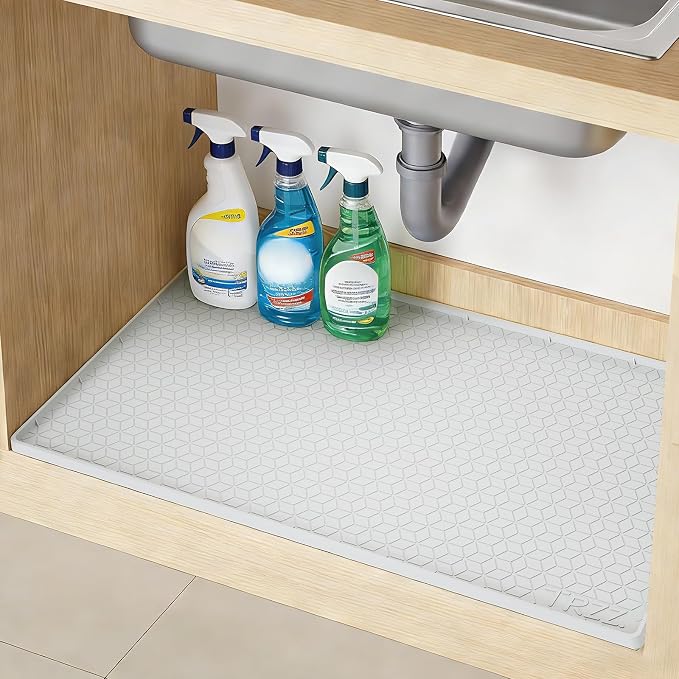 TRZZ Waterproof Under Sink Mat, 34"x22", Drip Tray Shelf Liner, Light Grey | Silicone, Cabinet Protector, Home Organizer, for Kitchen, Bathroom, Multipurpose, Easy Clean, Leak Proof, Organizes Cabinets