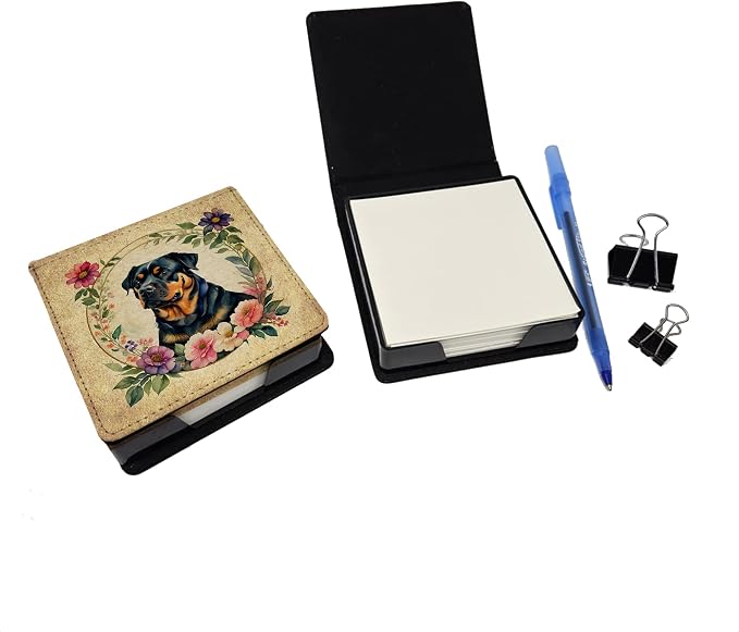Caroline's Treasures Rottweiler and Flowers PU Leather Note Paper Holder with Artist-Designed Cover, Desk Accessory, Office Gift