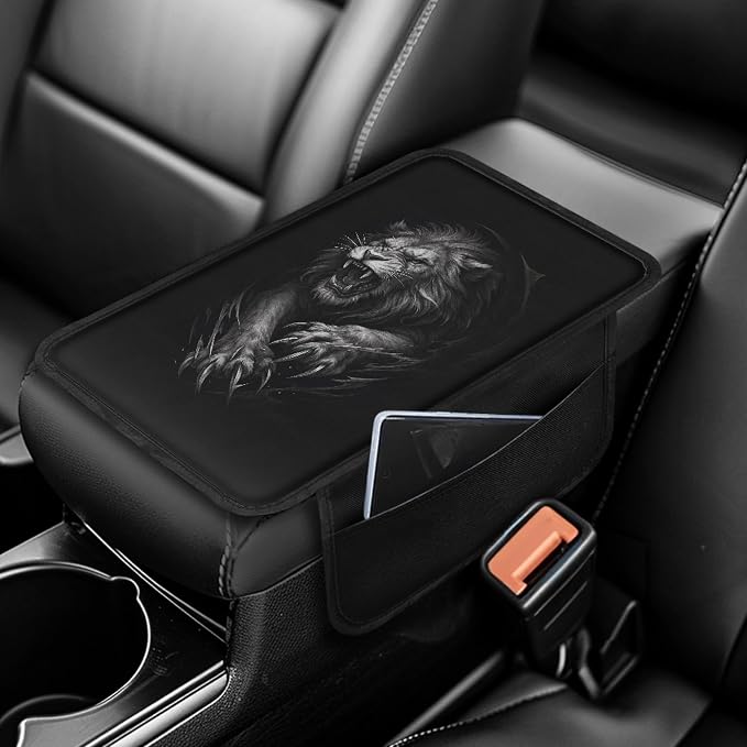 Howilath Black Lion Car Armrest Cover, Arm Rest Covers for SUV Sedan | Machine Washable. Auto Accessories with 2 Side Pockets for Storage, Easy Stretch-on Install