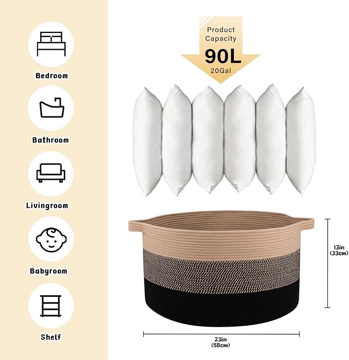 OIAHOMY 90L Extra Large Blanket Basket - Decorative Cotton Rope Storage Basket for Bedroom, Living Room & Nursery - Woven Laundry Hamper for Organizing Blankets, Clothes & Toys - Yellow and Black