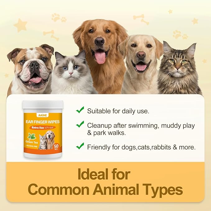 Extra Large Dog Ear Finger Wipes,Gently Remove Ear Wax & Dirt,Relieve Ear Itching. All Natural Ingredients Dog Ear Wipes.Safe & Gentle Ear Wipes for Dog & Cat - 50 Count Yellow