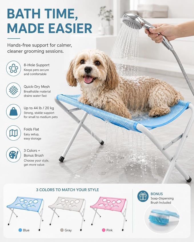 Foldable Pet Bathing Stand, Dog Grooming Hammock with Quick-Dry Mesh, 44 lb | Portable Shower Stand & Sling for Small Dogs & Cats, Steel Frame, 8-Hole Support, Hands-Free Grooming, Folds Flat, Holds 44lb