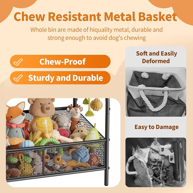 Lomivra Full Metal Dog Toy Basket, 23.6"x11.2"x7.9" Large Dogs Toy Bin with Storage Organizer, Chew-Resistant Toy Box for Dog Stuff Accessories, Pet Toy Storage Holder for Cat Dogs Essential Supplies