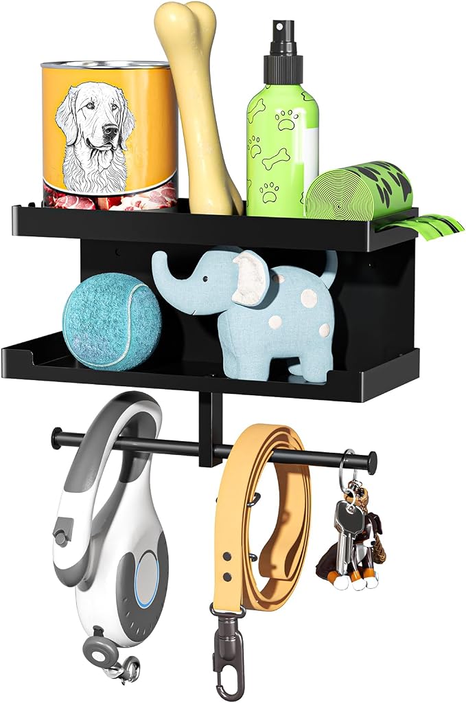 Dog Leash Holder for Wall, Leashes Hanger, Wall Mounted Dog Stuff Storage and Organizer, Metal Key Holder Pet Leash Hooks for Leashes, Training Treats, Chew Toys, Keys, Large (Black)