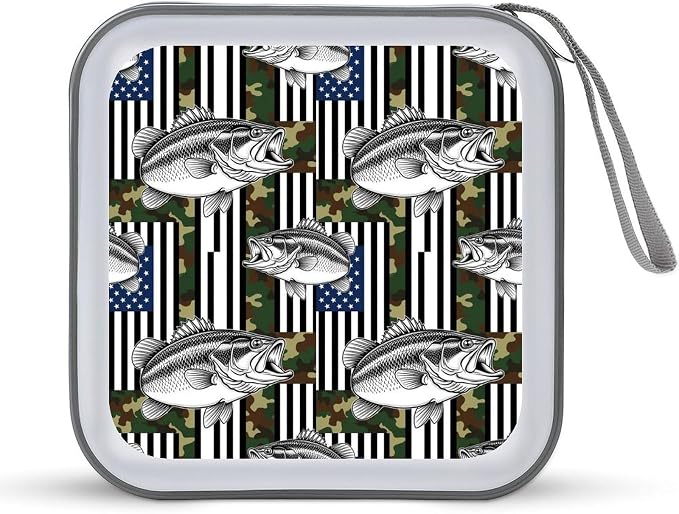 Portable Protective CD Holder American Flag Camo Fishing Fish, 40-Disc Hard Case with Zipper, Storage Binder for Music Movies Game Collections