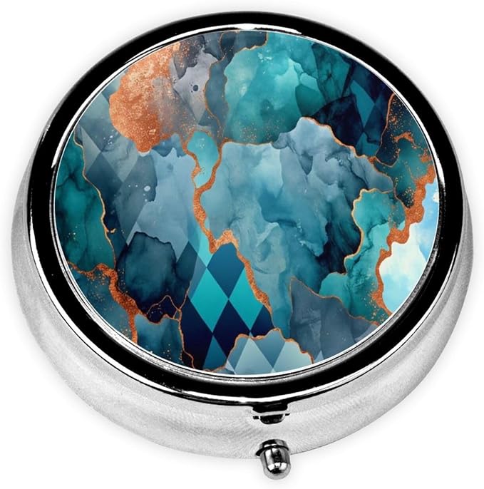 Luxury Watercolor Marble Blue Crackle Portable Pill Organizer | 3 Compartment, With Mirror, For Men Women, For Daily Supplements, Vitamins, Fish Oil, Jewelry, Candy, Travel