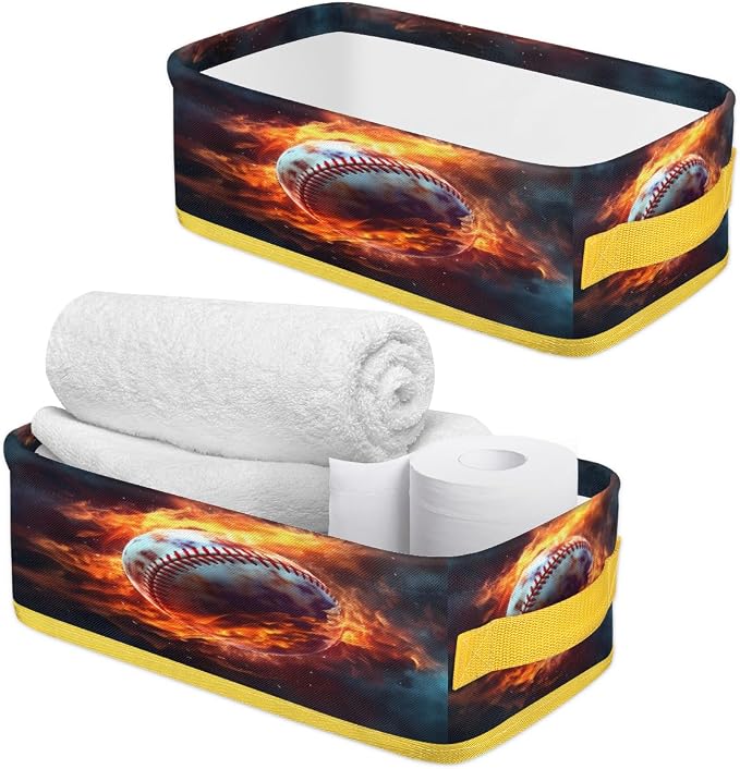 Baseball Print Bathroom Storage Basket Waterproof Foldable Storage Bins with Handles Decorative Toilet Paper Storage Basket for Organizing for House Bathroom Toiletries