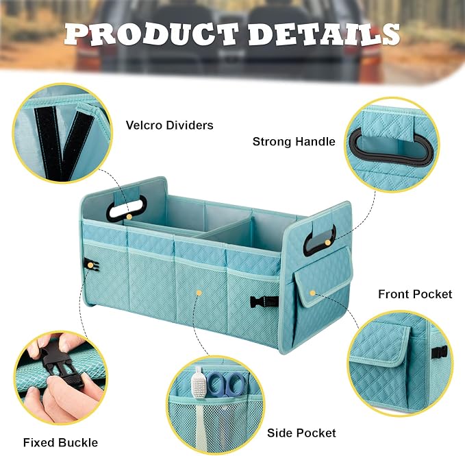 Car Trunk Organizer for SUV, Collapsible Car Storage Organizer Lake Blue | Sturdy, Large Capacity, Diamond Decor, Multi Compartment Container Box Adjustable Car Accessories for Sedan Truck