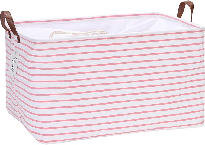 Hinwo 70L Extra Large Canvas Storage Bin with Lid and Handles | Collapsible Fabric Basket, Closet Shelf Organizer, Container for Clothing, Blankets, Toys, Bedding (Pink Stripe)