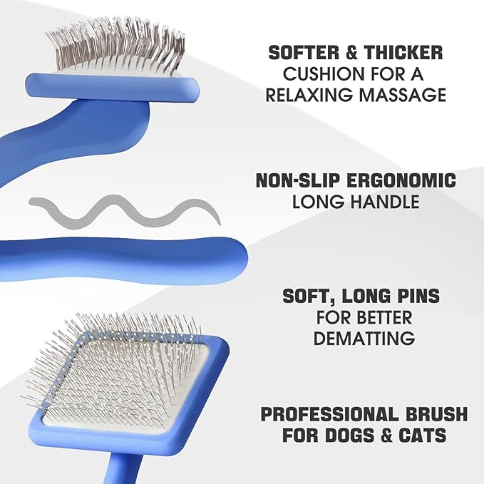 Bonteck Dog Slicker Brush for Dogs Grooming Kit 4PCS | Large Dog Brush for Goldendoodles Poodles Doodles | Long Pin Haired Brush | Poodle Brushes and Comb (Blue)