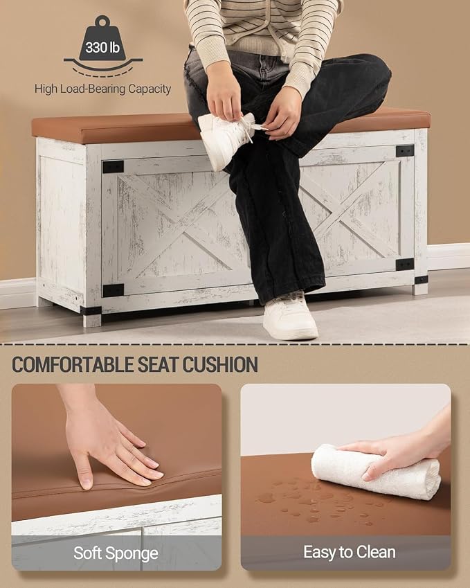 Hzuaneri 39.4" Shoe Storage Bench, with Soft Padded Seat Cushion & Doors | 2 Tier Entryway Storage Bench with Adjustable Shelf, Farmhouse Shoe Cabinet for Living room, Bedroom, Antique White SB26614KA