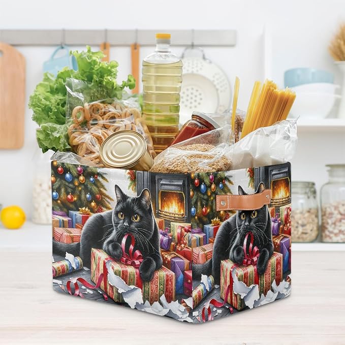 Pardick Christmasxmas Cat Basket Storage Bins Large Fabric Toys Storage Cube Box with Handles Collapsible Closet Shelf Cloth Organizer Basket for Nursery Bedroom Bathroom Holiday Gift