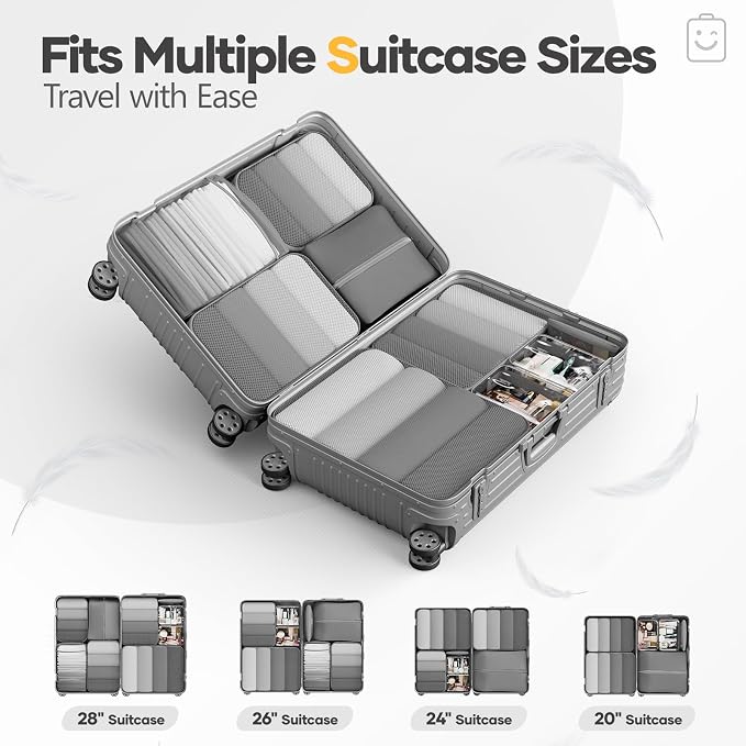 Veken 9/11 Set Compression Packing Cubes Garment Bags for Travel Essentials,Compressible Expandable Luggage Organizer Bags for Clothing,Space Saver Bags with Over 1000 pcs of Mesh Holes(Gray)