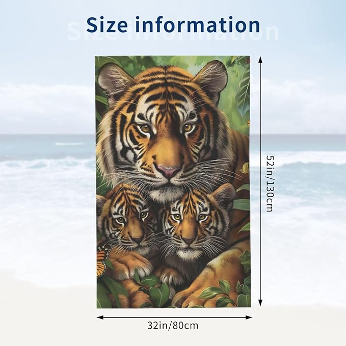 Tiger Family Beach Towel 31inx51in, Wildlife Sand-Free Microfiber Bath Towel Ultra Soft Quick Dry Pool Towel Absorbent Towel Lightweight Towel for Swimming Bathroom Decor