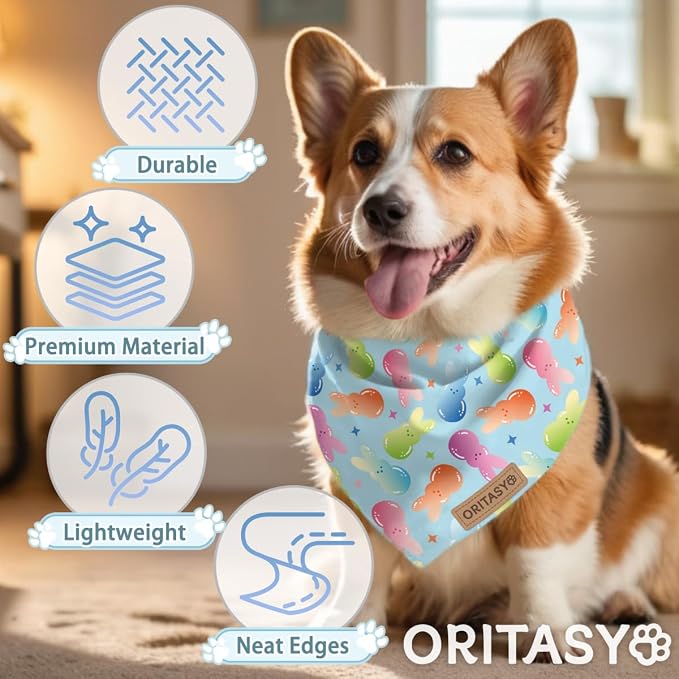 Easter Dog Bandanas, 2-Pack Triangle Reversible Bunny Eggs Pet Scarves, Premium Fabric, Bandana for All Boys Girls Dogs (Candy, One Size)